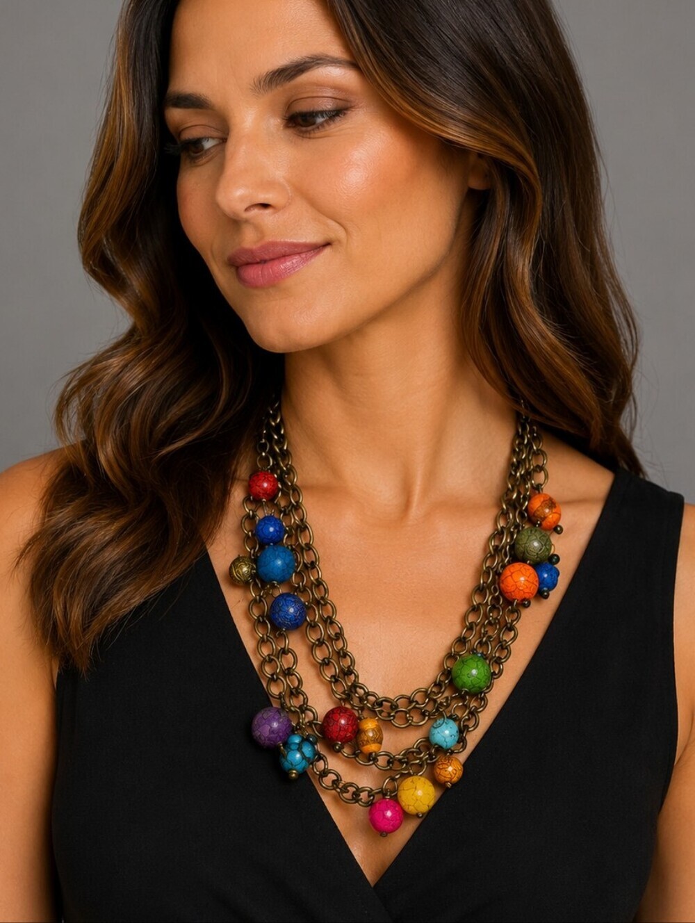 VTG Antique Brass Colorful Rainbow Bauble Beaded Long Chain Cha Cha Necklace